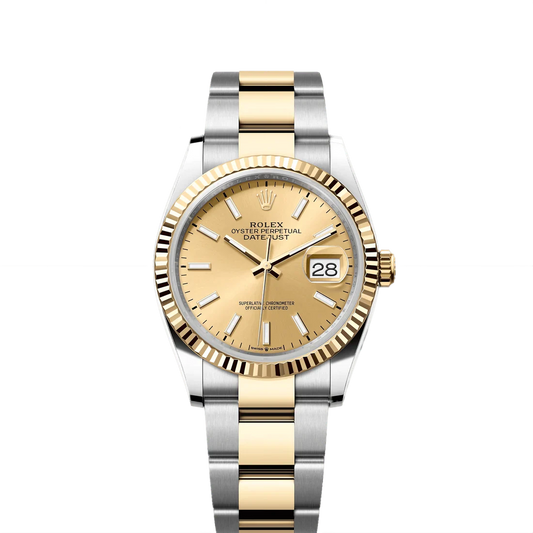 Rolex Datejust 36mm 2 Tone 18k Yellow Gold & Stainless Steel Champagne Dial Fluted Bezel Oyster Watch 126233