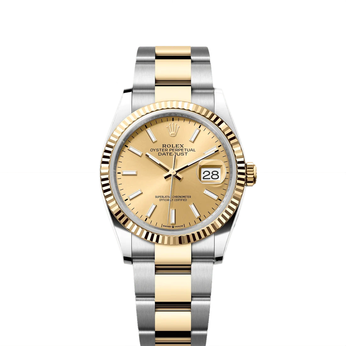 Rolex Datejust 36mm 2 Tone 18k Yellow Gold & Stainless Steel Champagne Dial Fluted Bezel Oyster Watch 126233