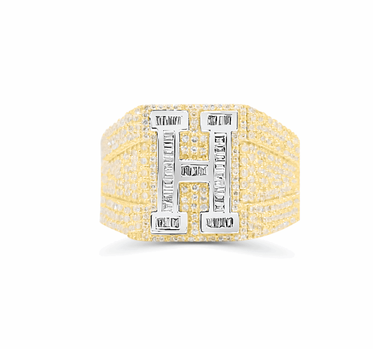 10K Gold Diamond Letter H Men's Ring 2.00CT