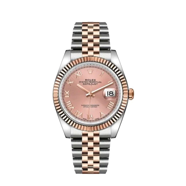 Rolex Datejust 36mm 2 Tone 18k Everose Gold & Stainless Steel Pink Dial Fluted Bezel Jubilee Watch 116231