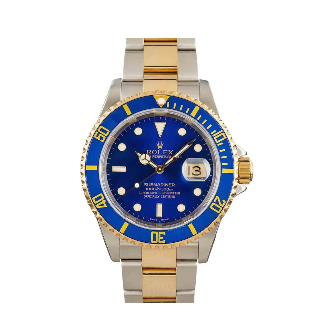 Rolex Submariner Date 40mm 2-Tone 18k Yellow Gold & Stainless Steel Blue Bezel & Dial Oyster Steel Watch 16613