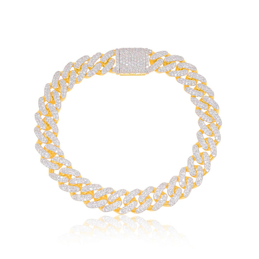 9.8mm 10K Yellow Gold Diamond Cuban Bracelet