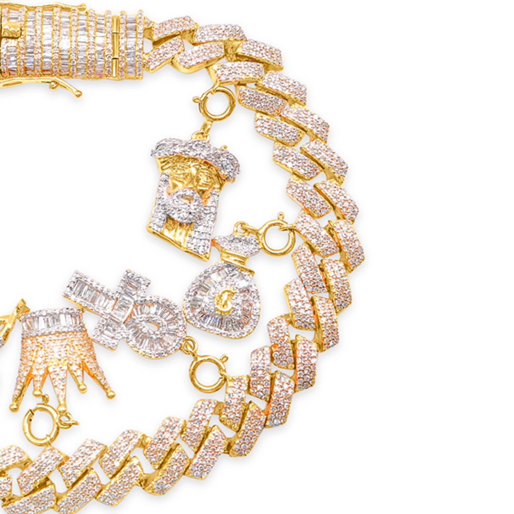 8mm Iced out Multi Charm Gold Diamond Bracelet