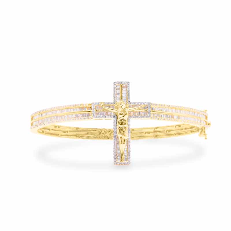 5.5mm 10K Iced Out Cross Gold Diamond Bangle