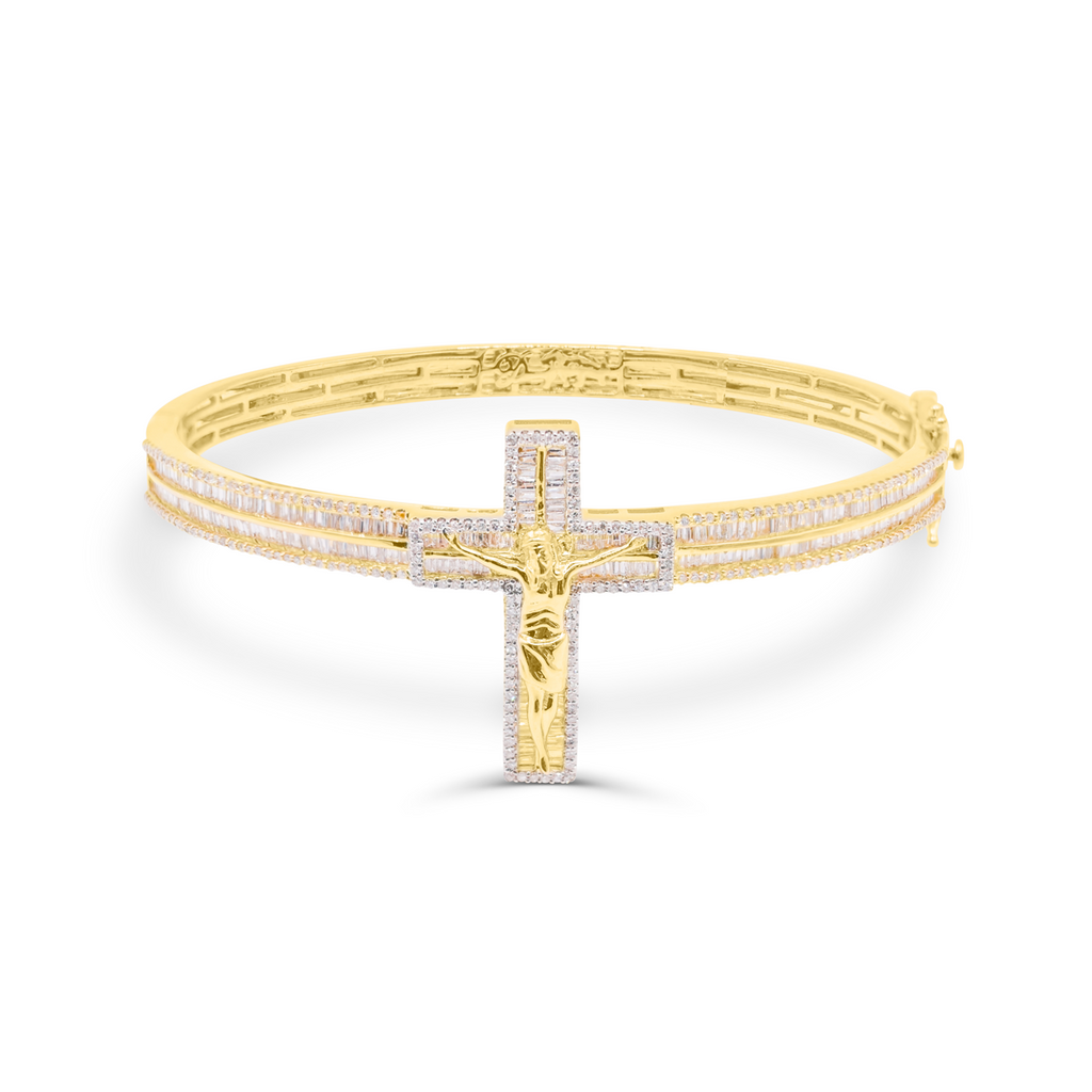 5.5mm 10K Iced Out Cross Gold Diamond Bangle