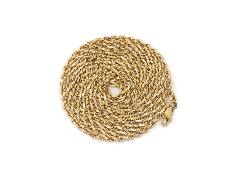 10K Yellow Gold Mens Ladies D/C Hollow Rope Chain Necklace 3 MM 16-30 10K Yellow Gold Mens Ladies D/C Hollow Rope Chain Necklace 3 MM 16-30