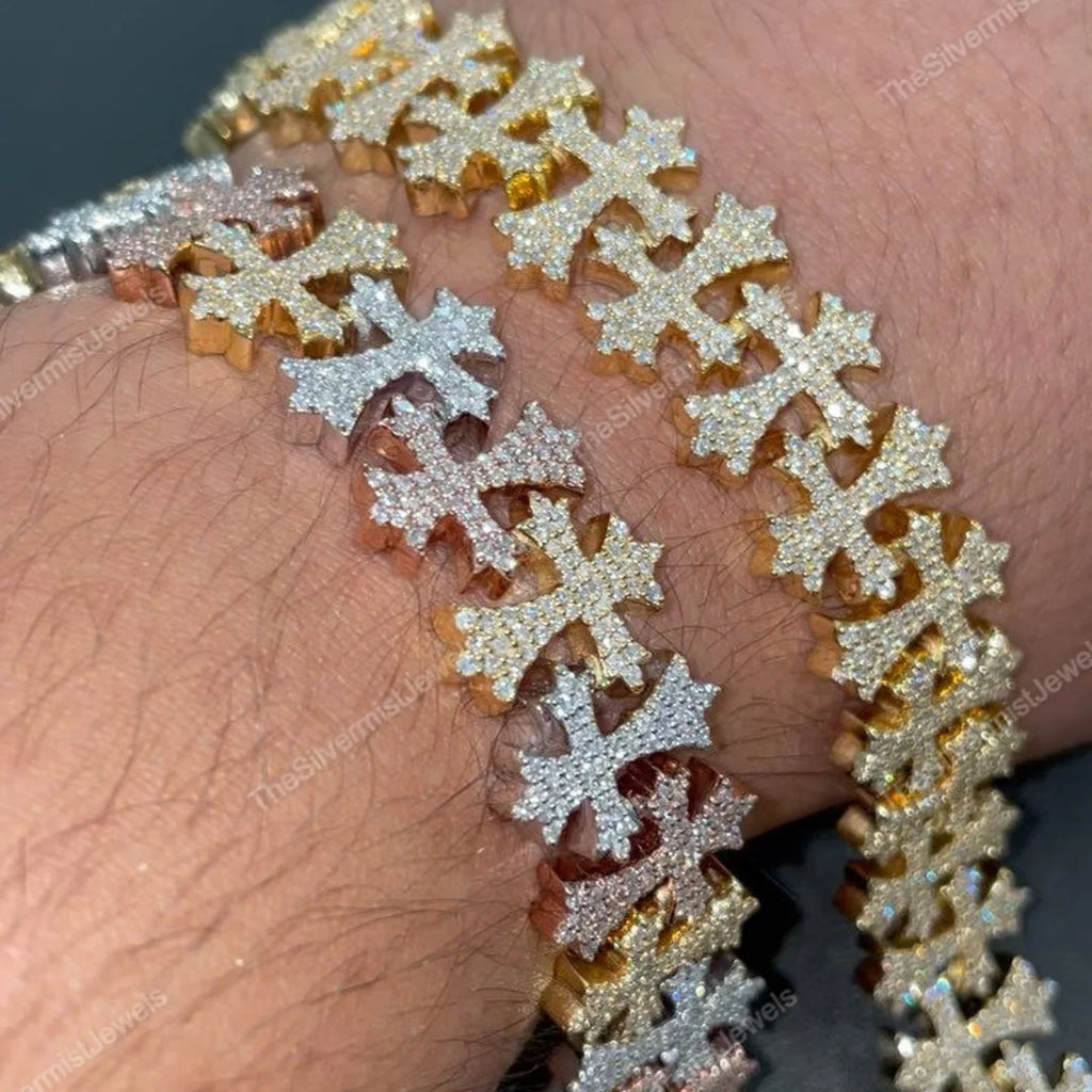 8.5mm 10K Iced Cross Bracelet
