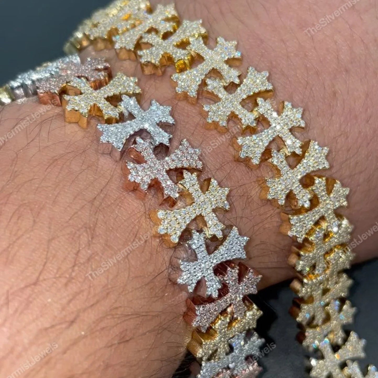 8.5mm 10K Iced Cross Bracelet