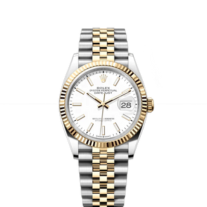 Rolex Datejust 36mm 2 Tone 18k Yellow Gold & Stainless Steel White Dial Fluted Bezel Jubilee Watch 126233